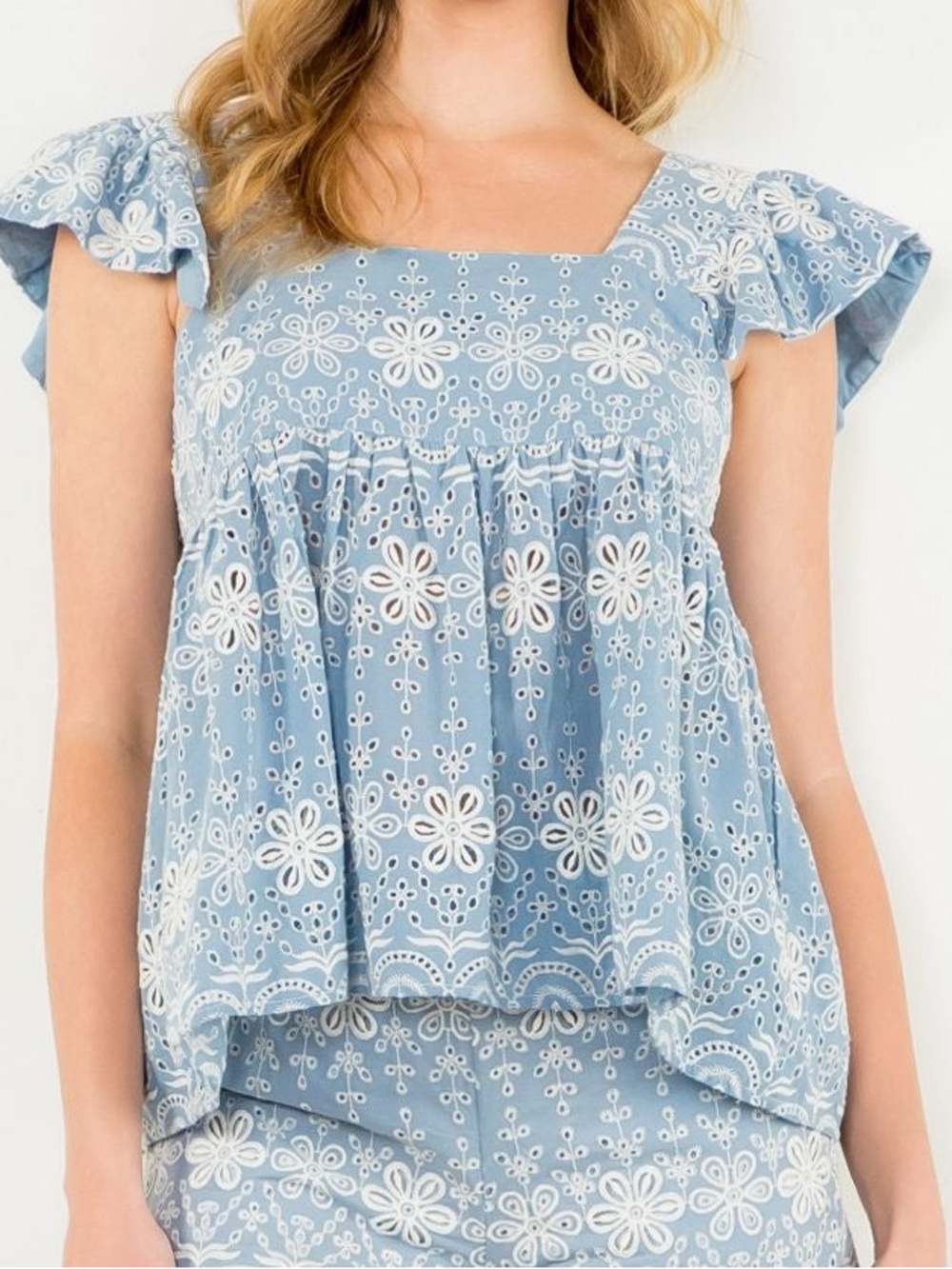 THML Flutter sleeve Embroidered eyelet babydoll Cotton top with back buttons XS